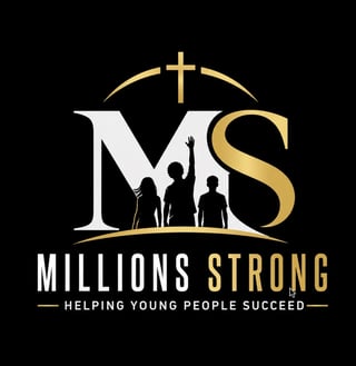 Millions Strong logo with cross, silhouettes of young people, and tagline Helping Young People Succeed