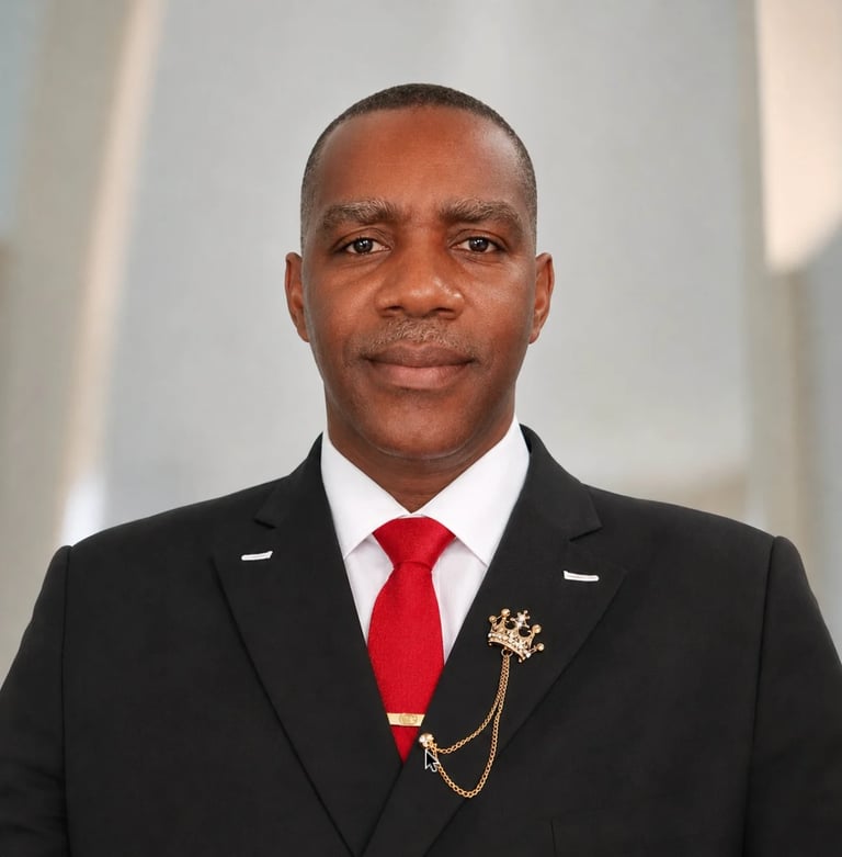 Professional headshot of a man wearing a black suit, white shirt, and red tie with a decorative gold chain pin against a neutral gray background